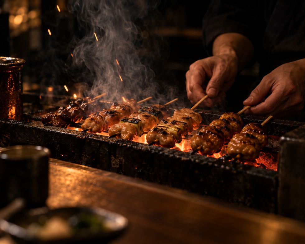 Chef turning yakitori skewers over a charcoal grill