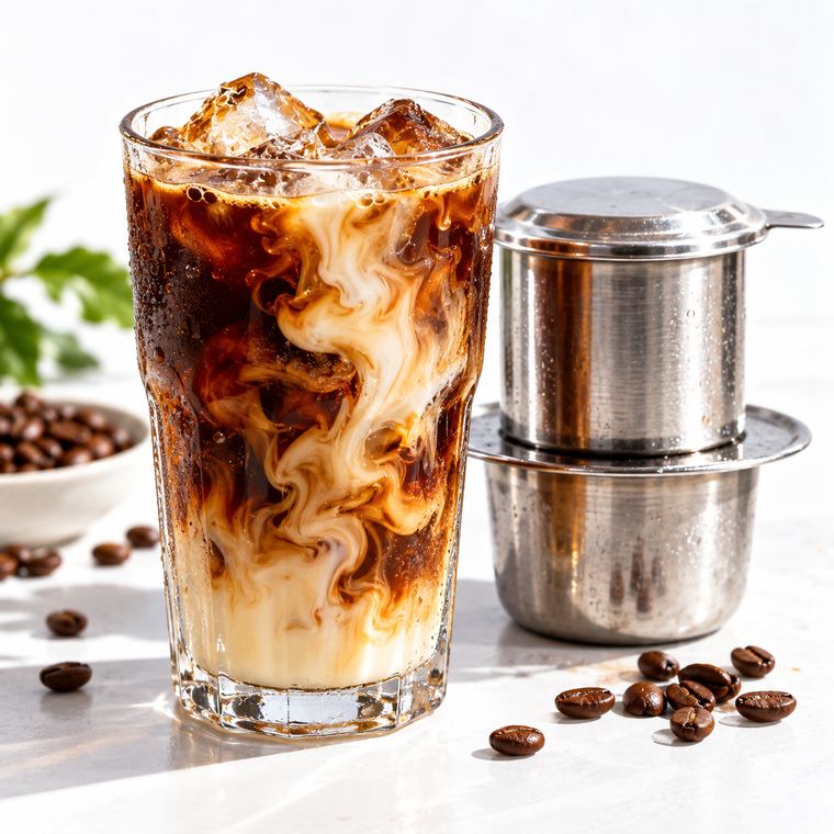Vietnamese iced coffee with a phin filter