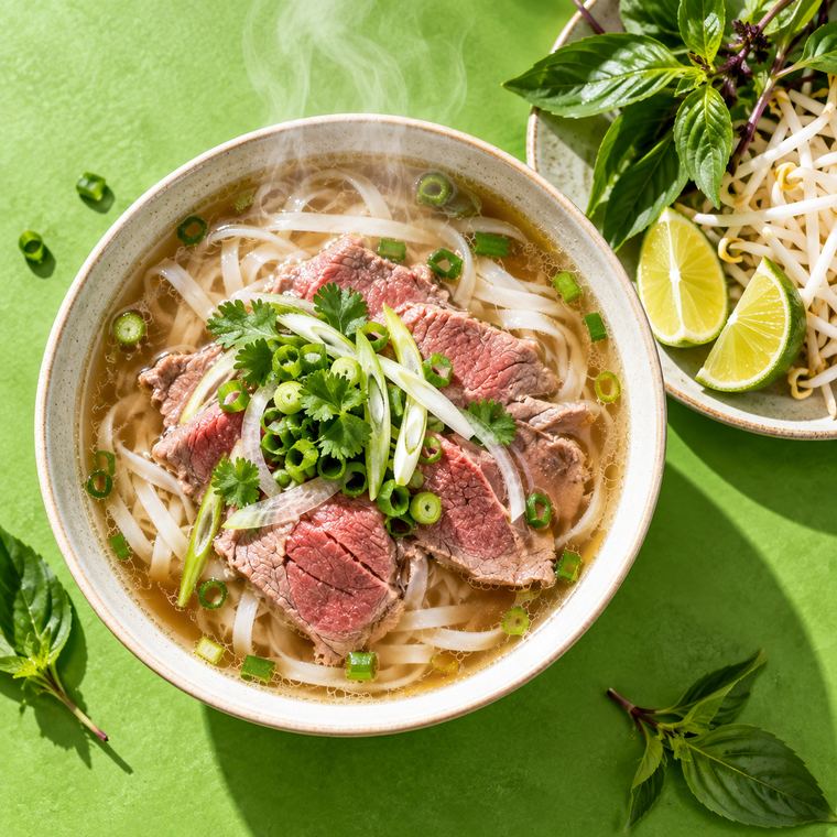 A bowl of beef pho with herbs and lime