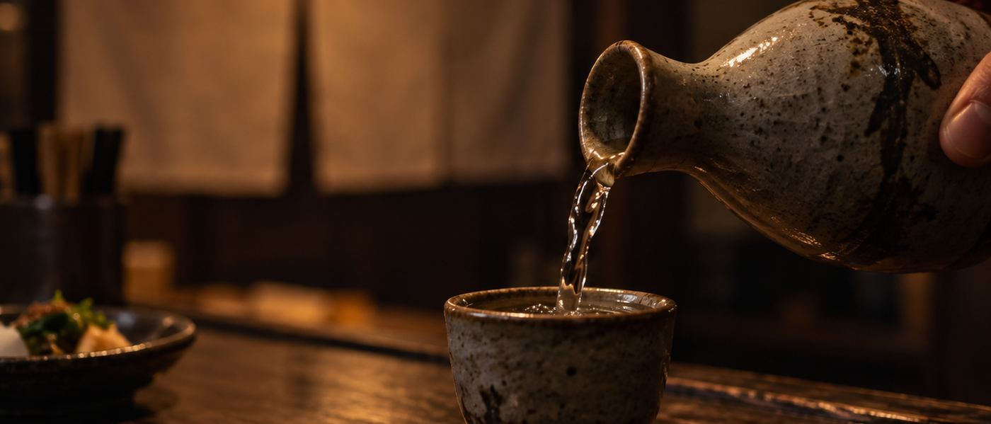 Sake poured from a ceramic tokkuri into a small cup