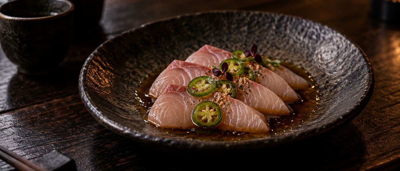 Kingfish sashimi with ponzu and jalapeno on dark ceramic