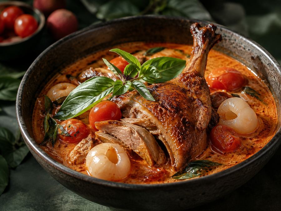 Duck red curry with lychee, cherry tomato and Thai basil