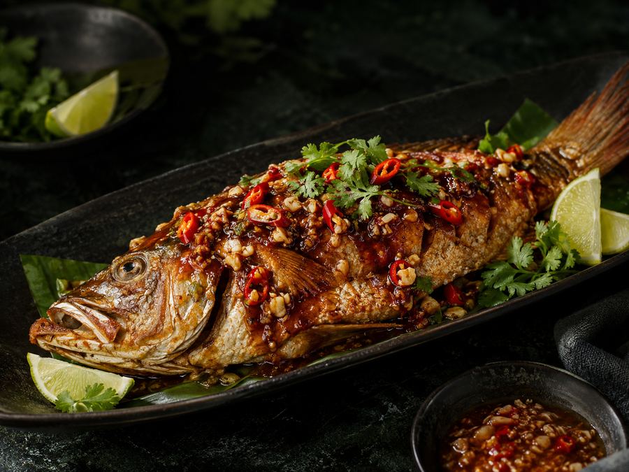 Whole crispy fried snapper with three-flavour sauce